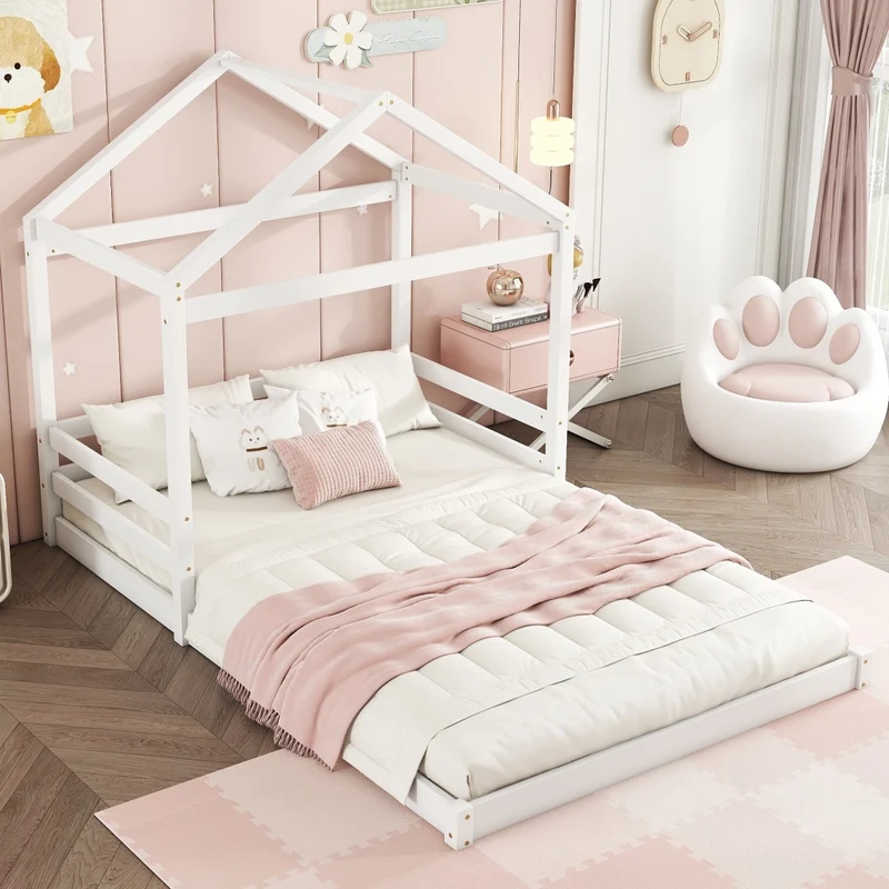 Letto casetta per bambini 140x200 cm in pino e MDF; bianco; con rete a doghe per cameretta