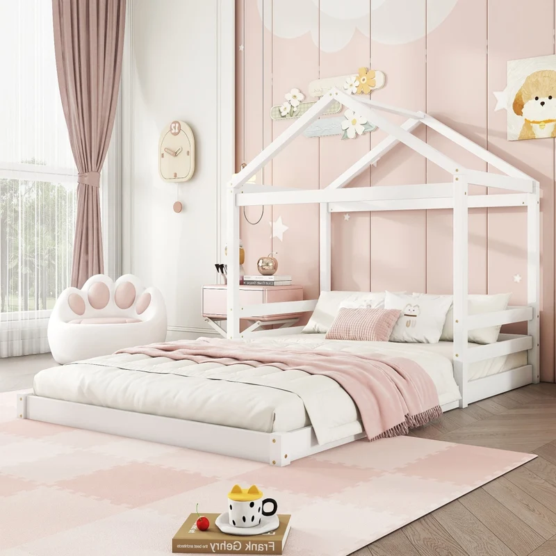 Letto casetta per bambini 140x200 cm in pino e MDF; bianco; con rete a doghe per cameretta