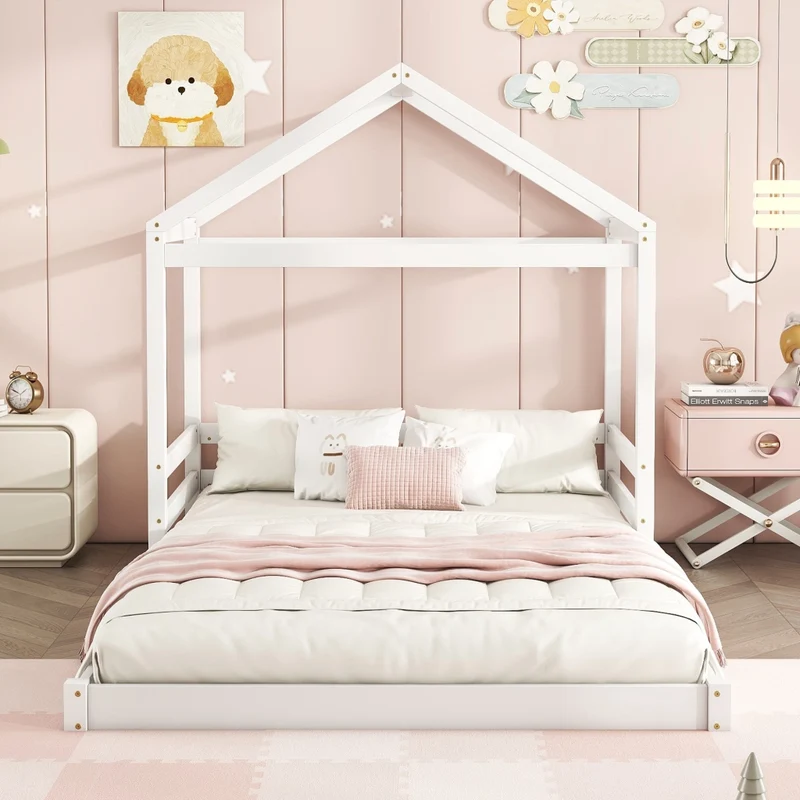Letto casetta per bambini 140x200 cm in pino e MDF; bianco; con rete a doghe per cameretta