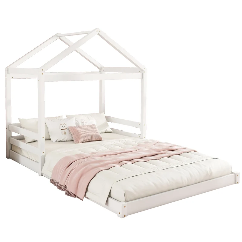 Letto casetta per bambini 140x200 cm in pino e MDF; bianco; con rete a doghe per cameretta