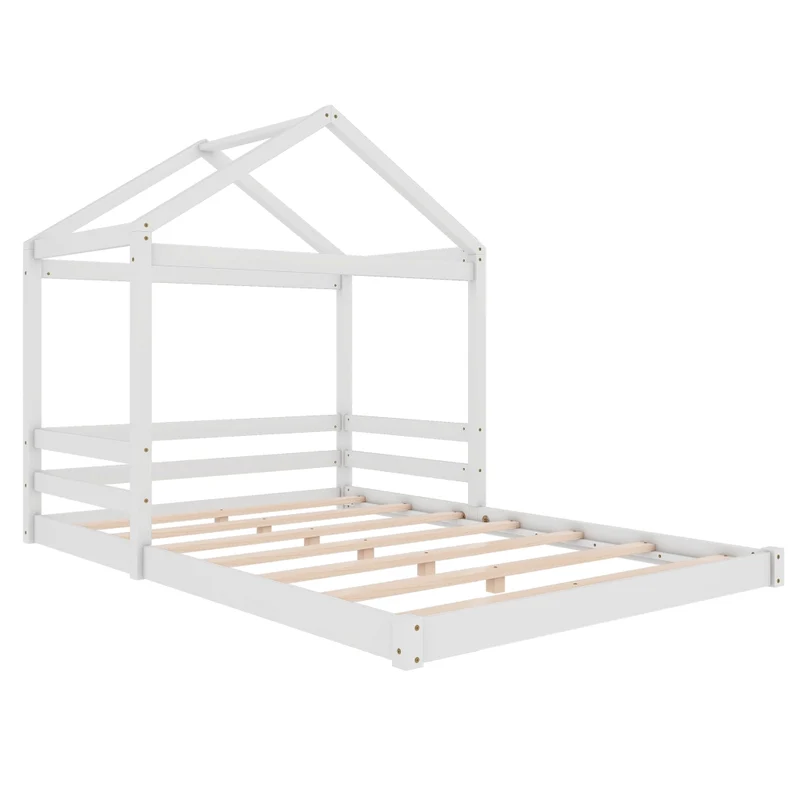 Letto casetta per bambini 140x200 cm in pino e MDF; bianco; con rete a doghe per cameretta