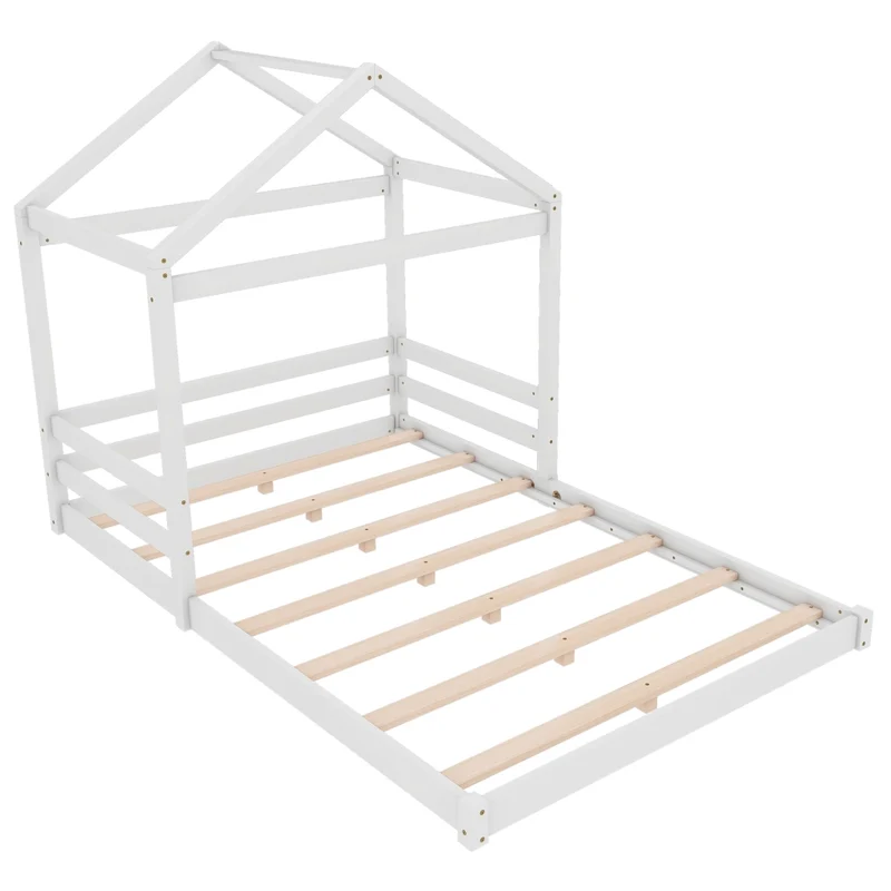 Letto casetta per bambini 140x200 cm in pino e MDF; bianco; con rete a doghe per cameretta