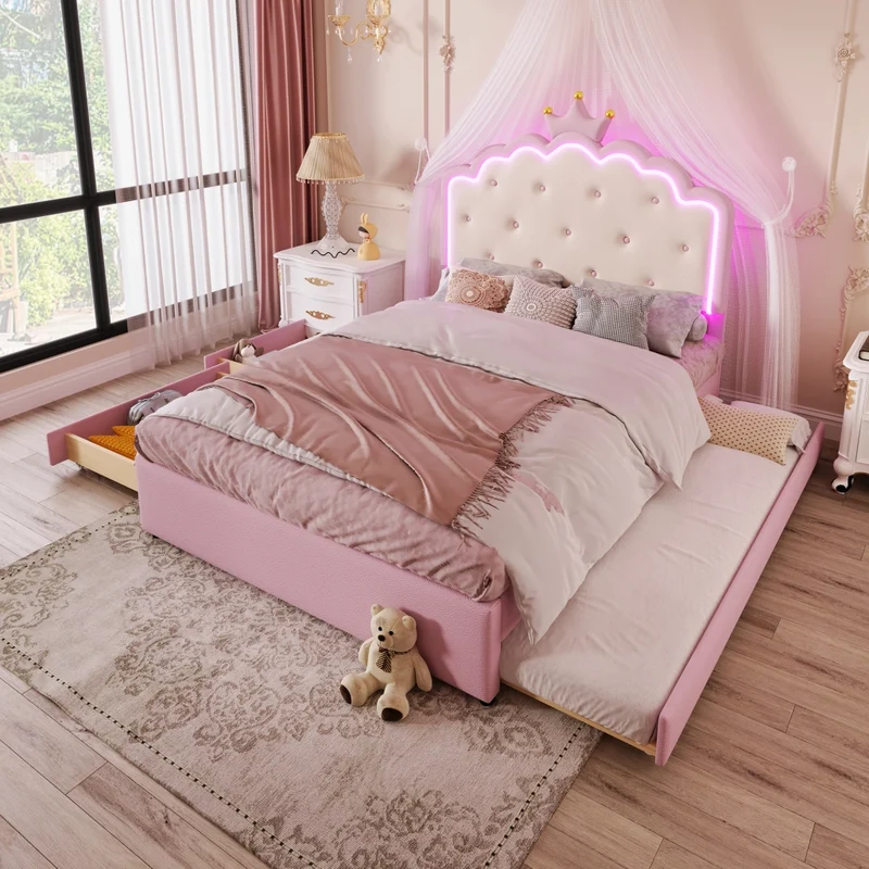 Letto per bambini 140x200 cm rosa in PU; letto estraibile salvaspazio con LED e 2 cassetti