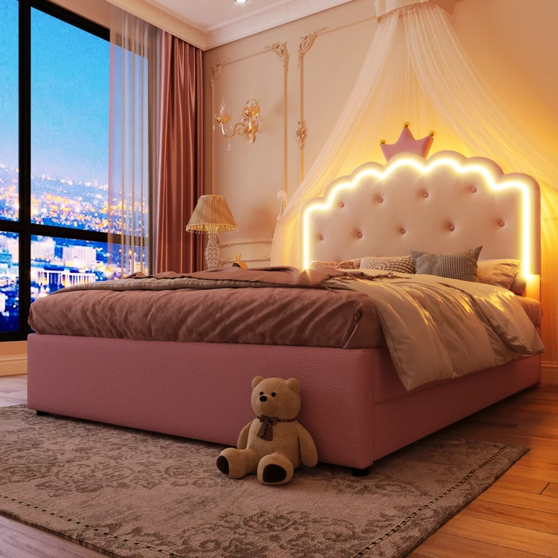 Letto per bambini 140x200 cm rosa in PU; letto estraibile salvaspazio con LED e 2 cassetti