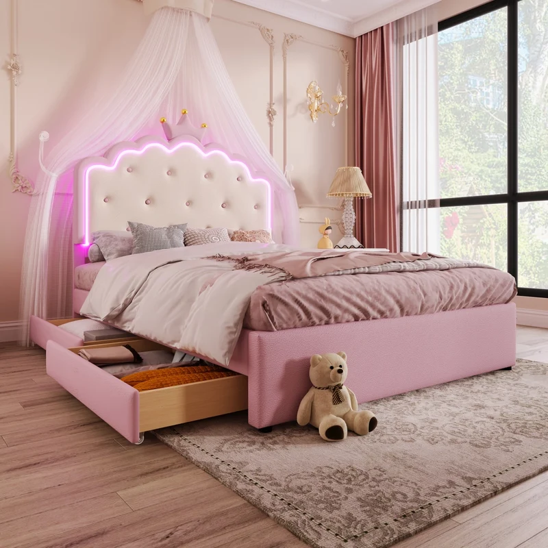 Letto per bambini 140x200 cm rosa in PU; letto estraibile salvaspazio con LED e 2 cassetti