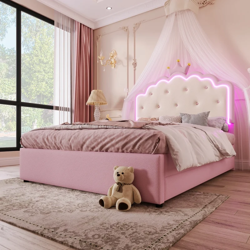 Letto per bambini 140x200 cm rosa in PU; letto estraibile salvaspazio con LED e 2 cassetti