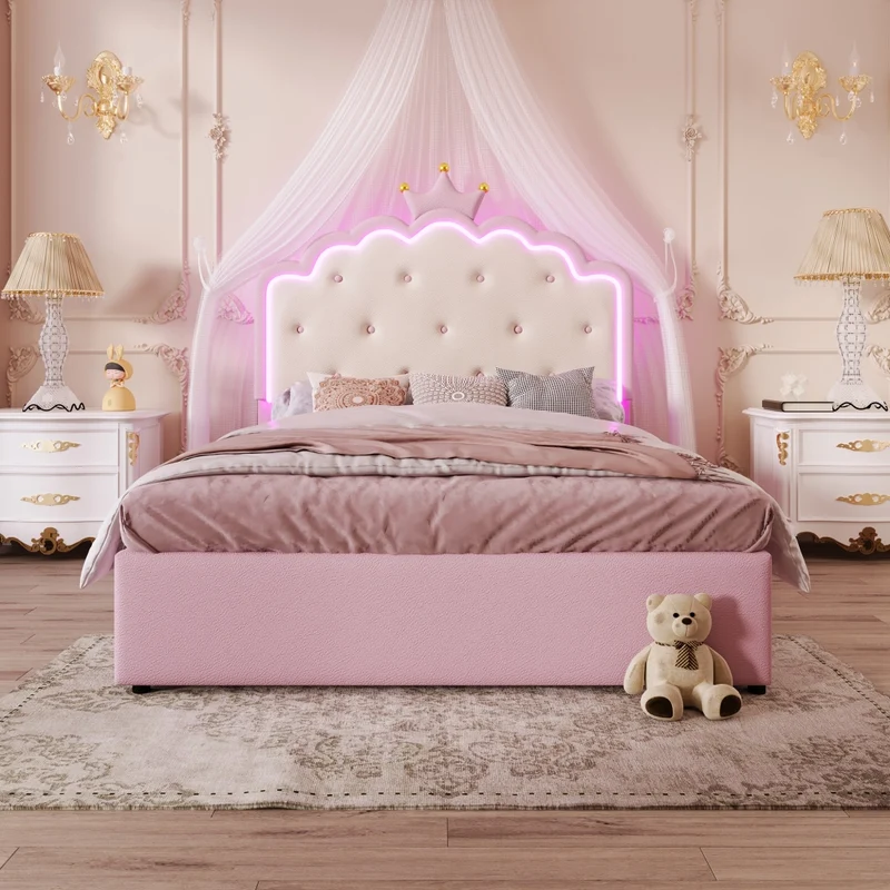 Letto per bambini 140x200 cm rosa in PU; letto estraibile salvaspazio con LED e 2 cassetti