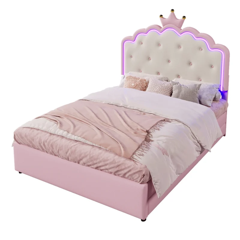 Letto per bambini 140x200 cm rosa in PU; letto estraibile salvaspazio con LED e 2 cassetti