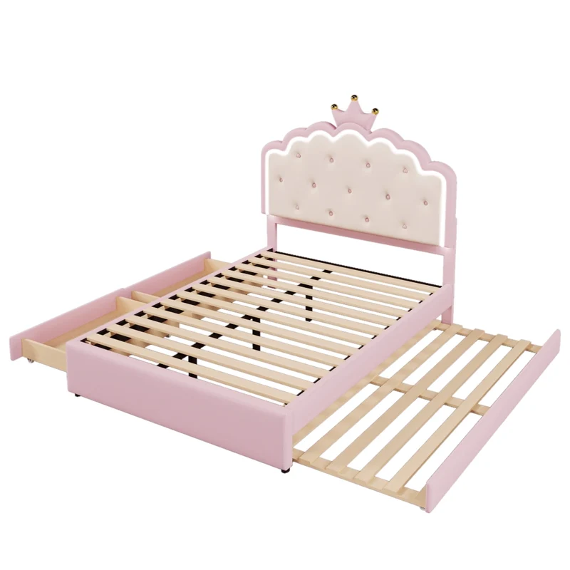 Letto per bambini 140x200 cm rosa in PU; letto estraibile salvaspazio con LED e 2 cassetti