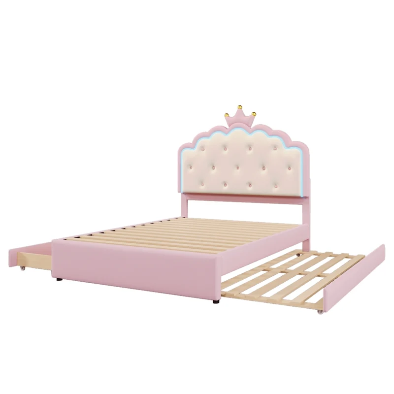 Letto per bambini 140x200 cm rosa in PU; letto estraibile salvaspazio con LED e 2 cassetti