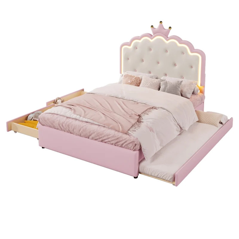 Letto per bambini 140x200 cm rosa in PU; letto estraibile salvaspazio con LED e 2 cassetti