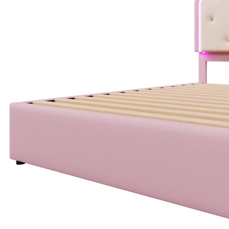 Letto per bambini 140x200 cm rosa in PU; letto estraibile salvaspazio con LED e 2 cassetti