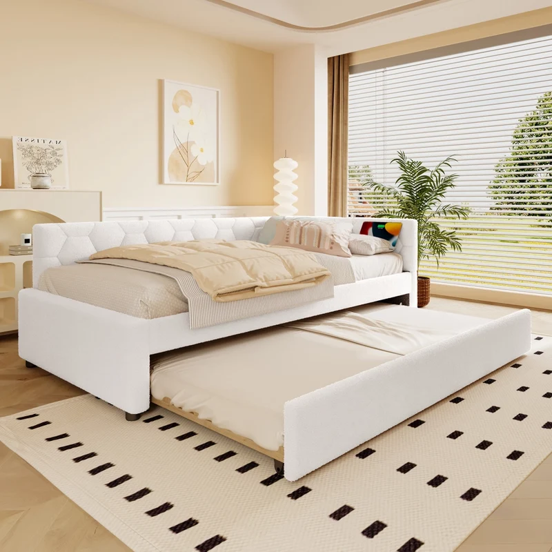 Letto singolo 90x200 cm con letto estraibile; rete a doghe e rivestimento bouclé bianco