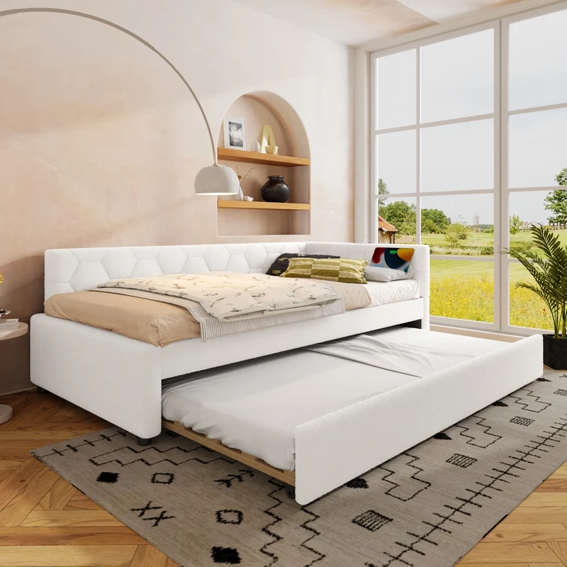Letto singolo 90x200 cm con letto estraibile; rete a doghe e rivestimento bouclé bianco