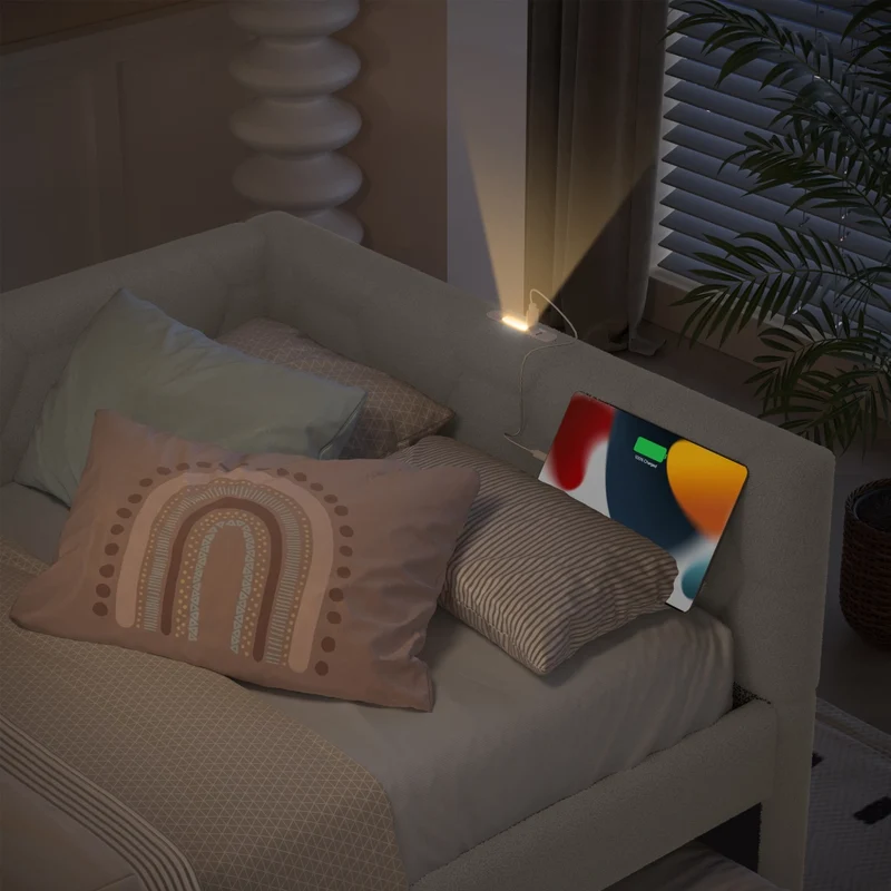 Letto singolo 90x200 cm con letto estraibile; rete a doghe e rivestimento bouclé bianco