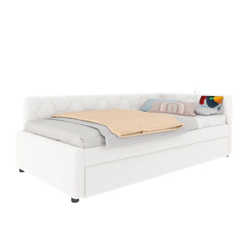 Letto singolo 90x200 cm con letto estraibile; rete a doghe e rivestimento bouclé bianco