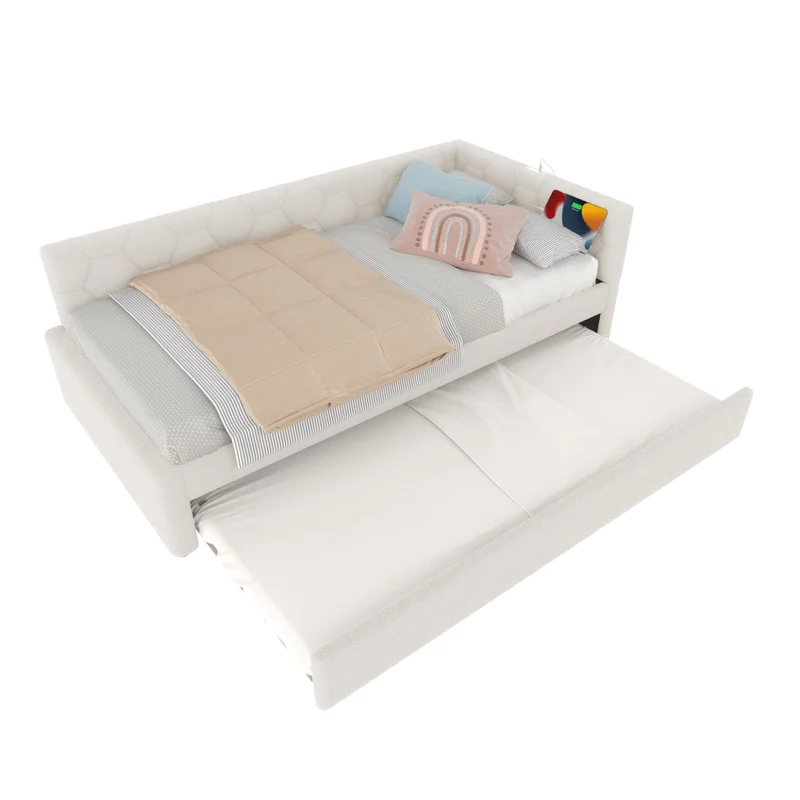 Letto singolo 90x200 cm con letto estraibile; rete a doghe e rivestimento bouclé bianco