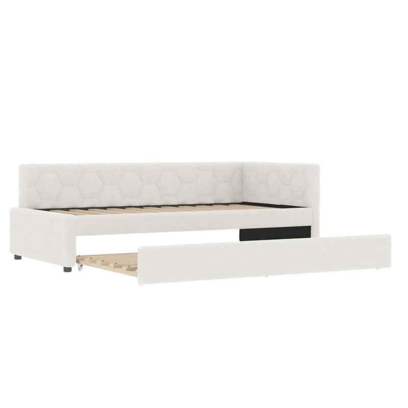 Letto singolo 90x200 cm con letto estraibile; rete a doghe e rivestimento bouclé bianco