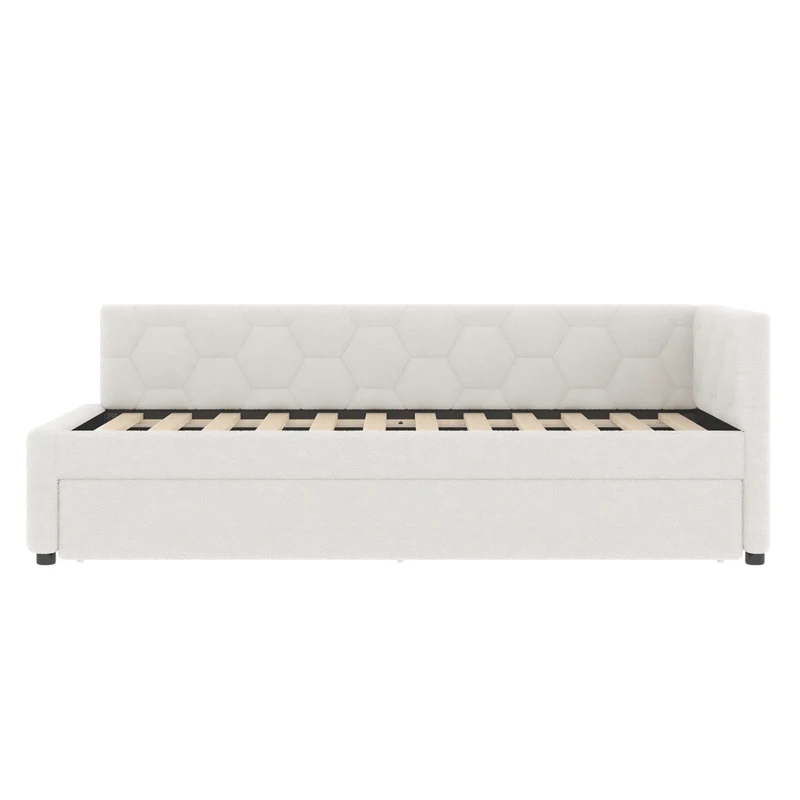 Letto singolo 90x200 cm con letto estraibile; rete a doghe e rivestimento bouclé bianco