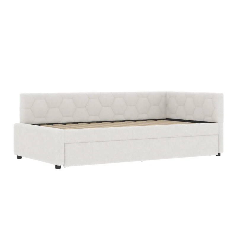 Letto singolo 90x200 cm con letto estraibile; rete a doghe e rivestimento bouclé bianco
