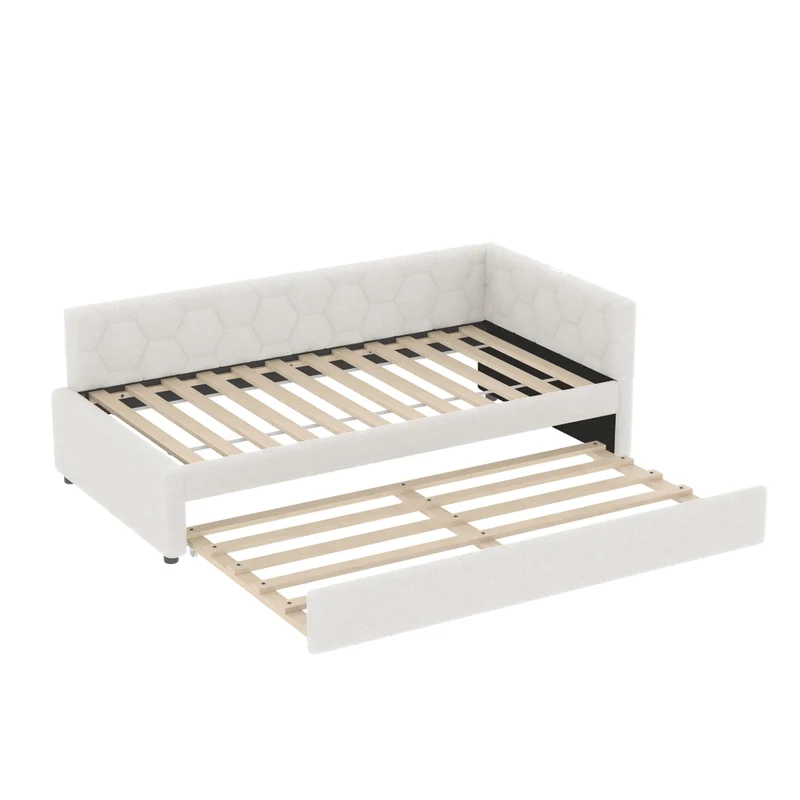 Letto singolo 90x200 cm con letto estraibile; rete a doghe e rivestimento bouclé bianco