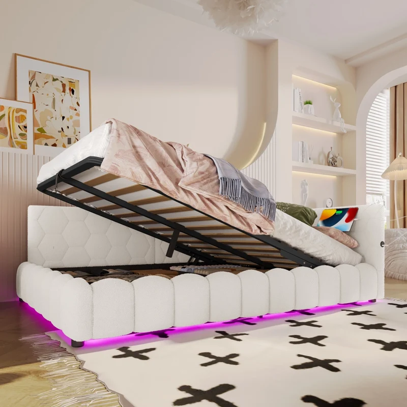 Letto imbottito 140x200 cm con contenitore idraulico e luce LED multicolore; bianco