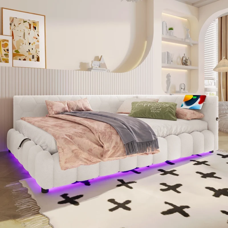 Letto imbottito 140x200 cm con contenitore idraulico e luce LED multicolore; bianco