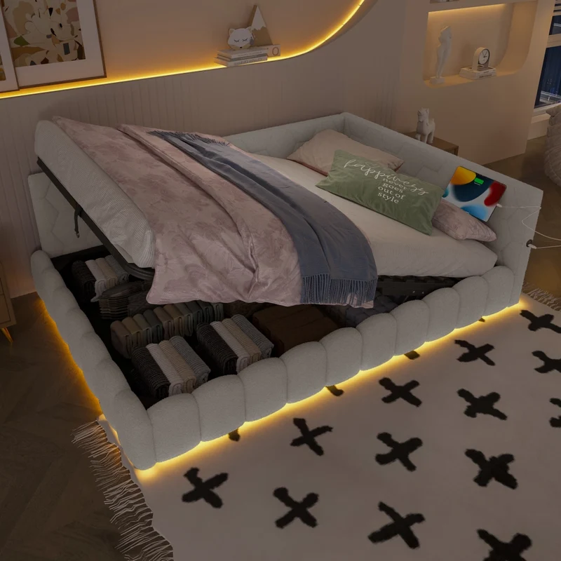 Letto imbottito 140x200 cm con contenitore idraulico e luce LED multicolore; bianco