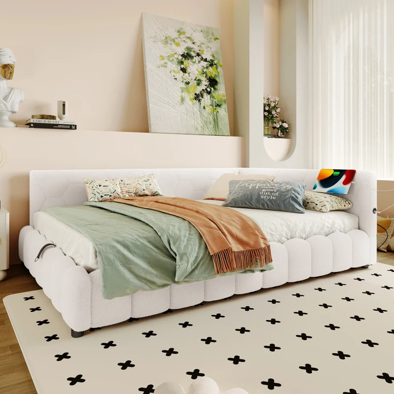 Letto imbottito 140x200 cm con contenitore idraulico e luce LED multicolore; bianco