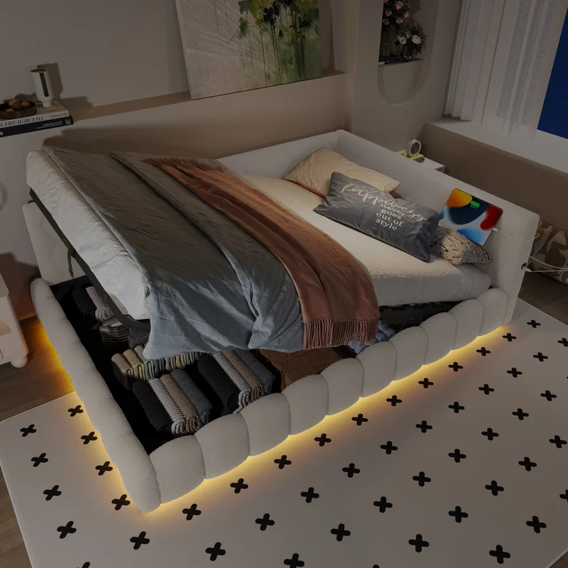 Letto imbottito 140x200 cm con contenitore idraulico e luce LED multicolore; bianco