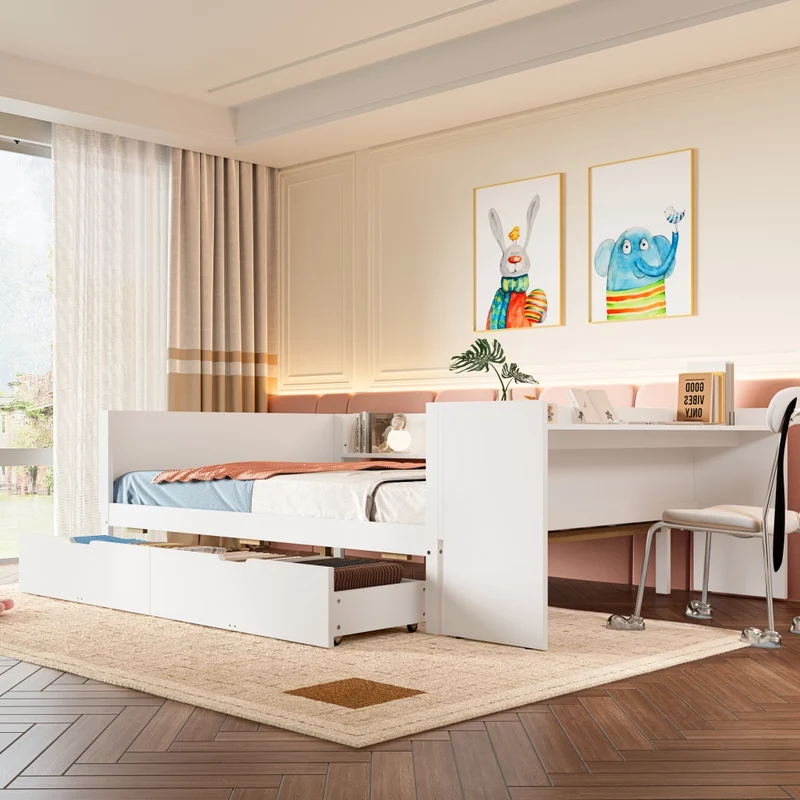 Letto matrimoniale 140x200 con scrivania integrata; 2 cassetti e 3 mensole; in legno bianco