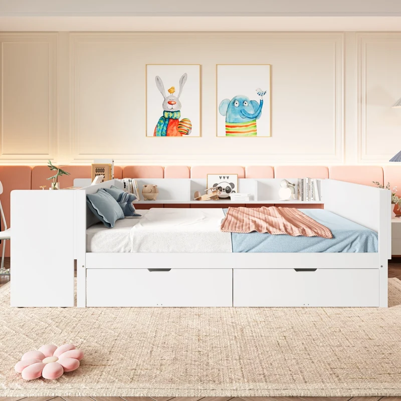 Letto matrimoniale 140x200 con scrivania integrata; 2 cassetti e 3 mensole; in legno bianco