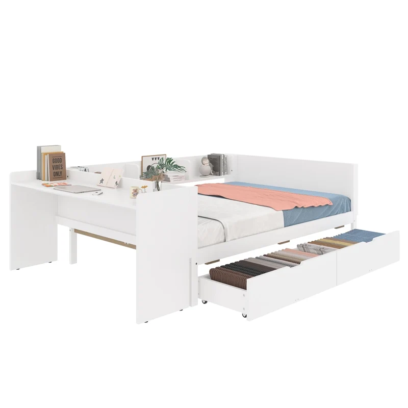 Letto matrimoniale 140x200 con scrivania integrata; 2 cassetti e 3 mensole; in legno bianco
