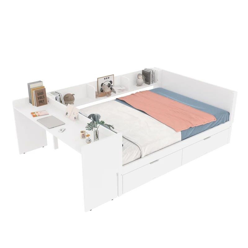 Letto matrimoniale 140x200 con scrivania integrata; 2 cassetti e 3 mensole; in legno bianco