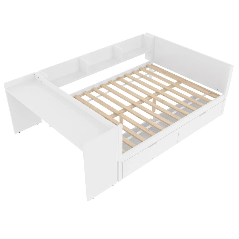 Letto matrimoniale 140x200 con scrivania integrata; 2 cassetti e 3 mensole; in legno bianco