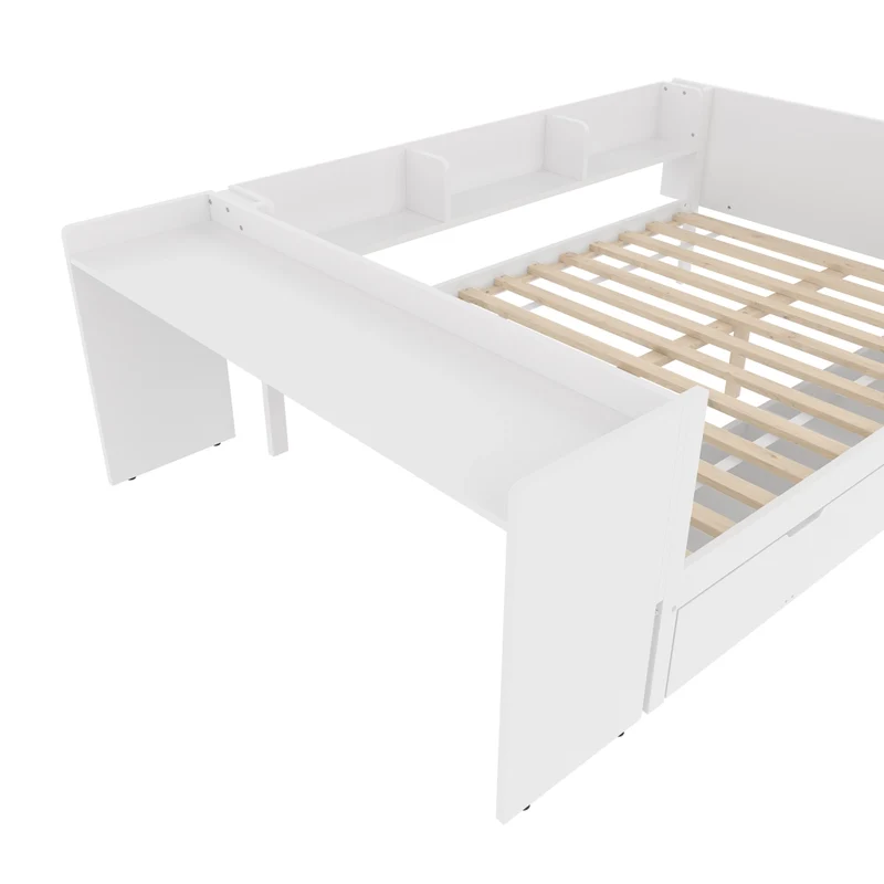 Letto matrimoniale 140x200 con scrivania integrata; 2 cassetti e 3 mensole; in legno bianco