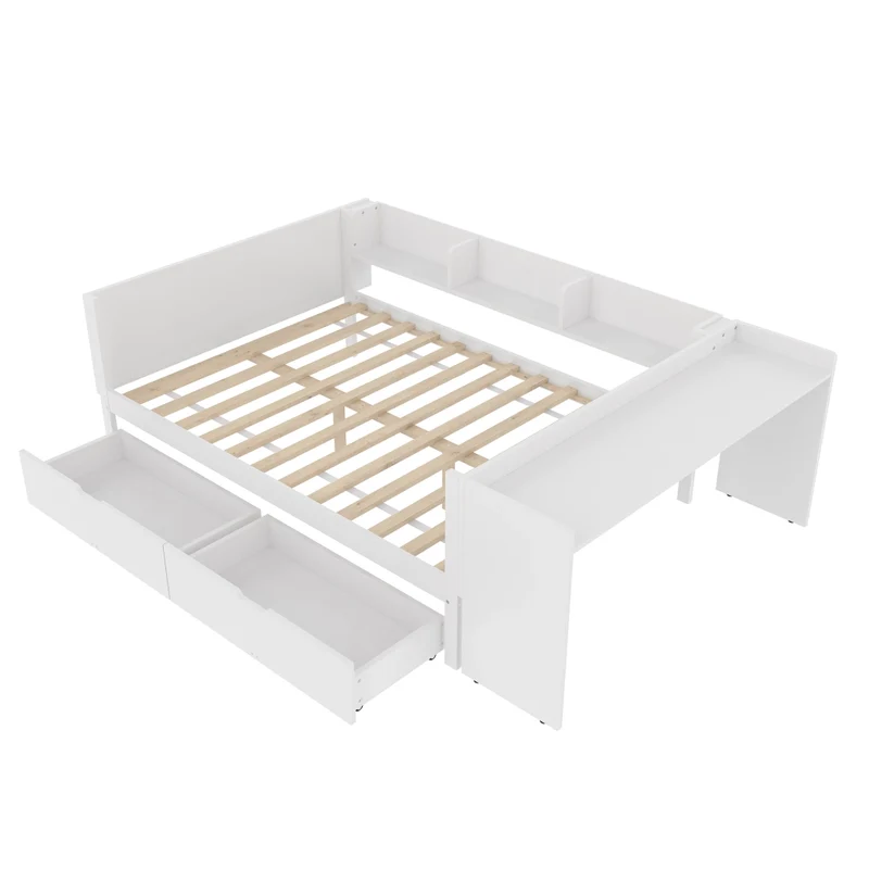 Letto matrimoniale 140x200 con scrivania integrata; 2 cassetti e 3 mensole; in legno bianco