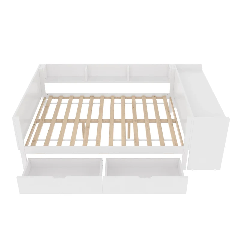 Letto matrimoniale 140x200 con scrivania integrata; 2 cassetti e 3 mensole; in legno bianco
