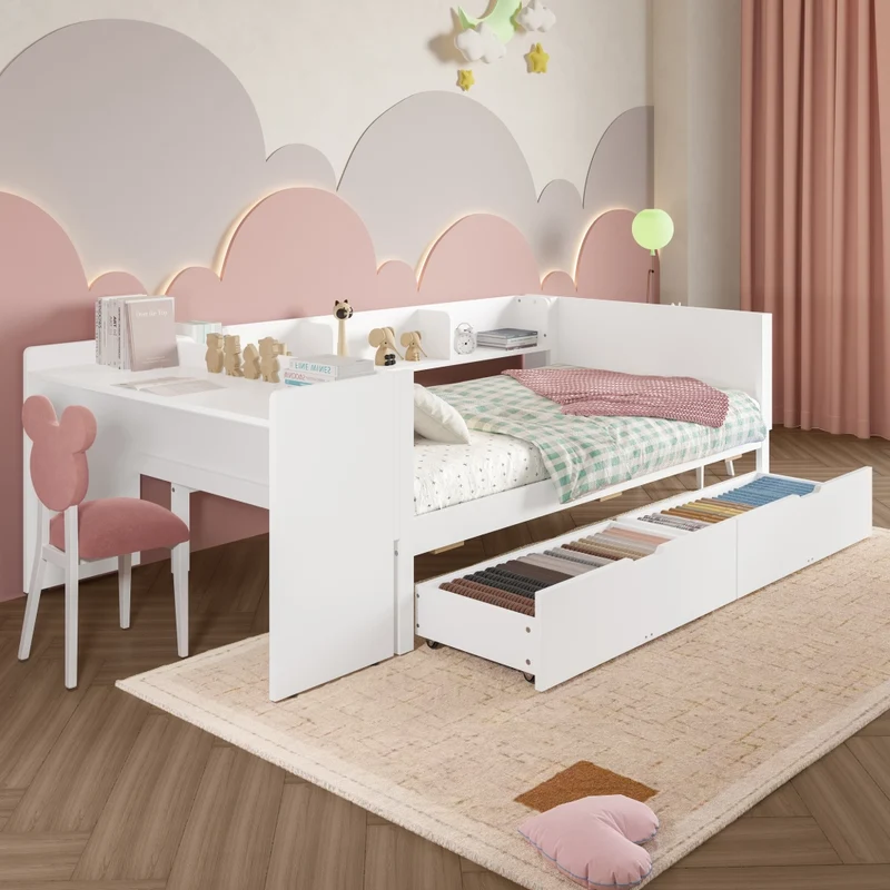 Letto singolo 90x200 cm con scrivania integrata; 2 cassetti e scaffali; bianco