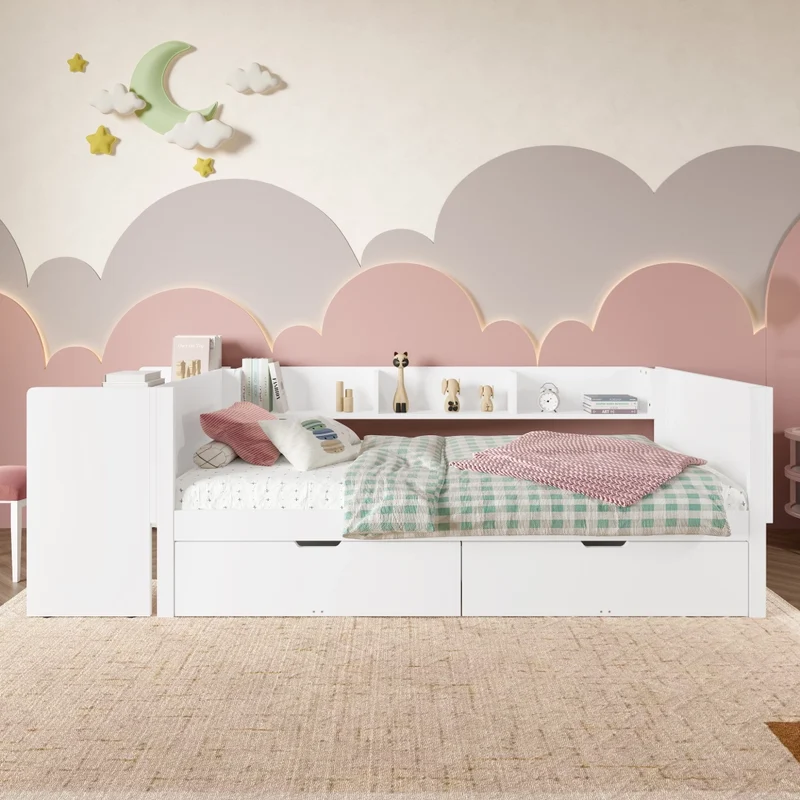 Letto singolo 90x200 cm con scrivania integrata; 2 cassetti e scaffali; bianco
