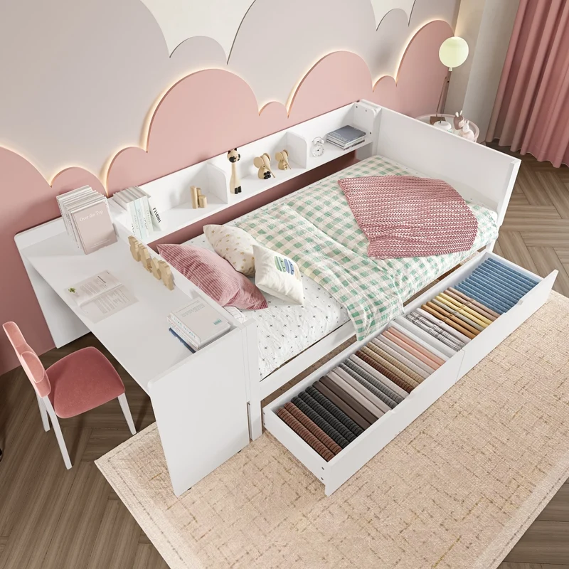 Letto singolo 90x200 cm con scrivania integrata; 2 cassetti e scaffali; bianco