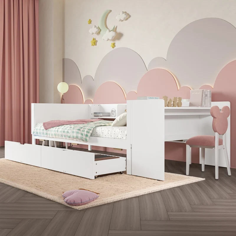 Letto singolo 90x200 cm con scrivania integrata; 2 cassetti e scaffali; bianco