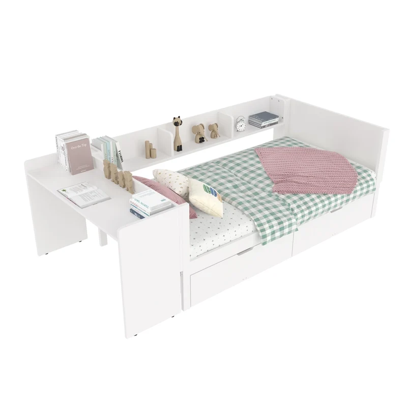 Letto singolo 90x200 cm con scrivania integrata; 2 cassetti e scaffali; bianco