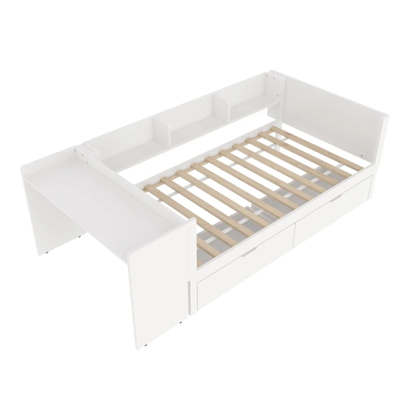 Letto singolo 90x200 cm con scrivania integrata; 2 cassetti e scaffali; bianco