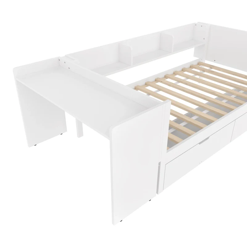 Letto singolo 90x200 cm con scrivania integrata; 2 cassetti e scaffali; bianco