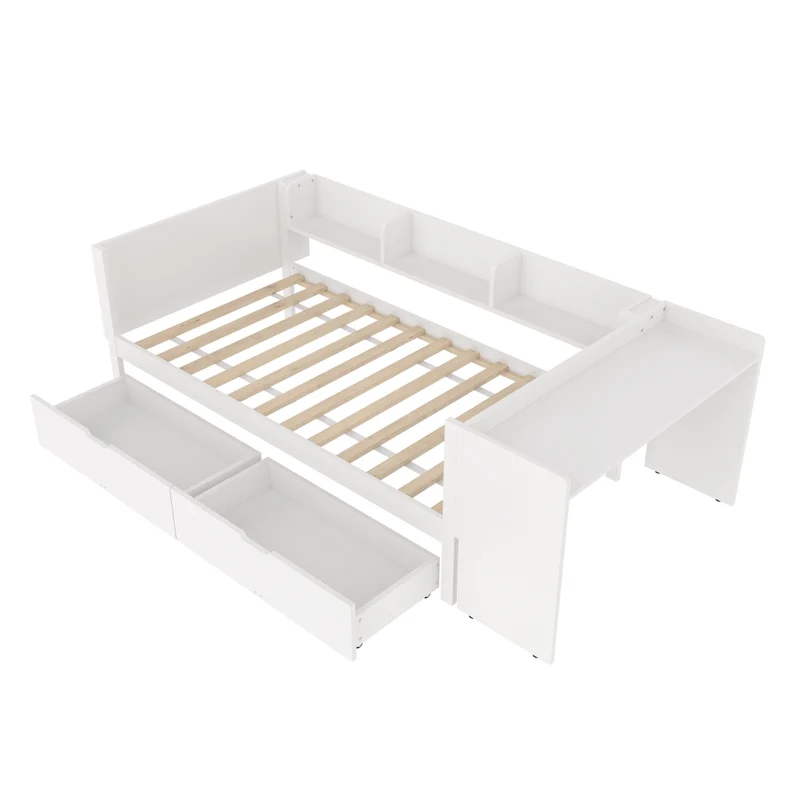 Letto singolo 90x200 cm con scrivania integrata; 2 cassetti e scaffali; bianco