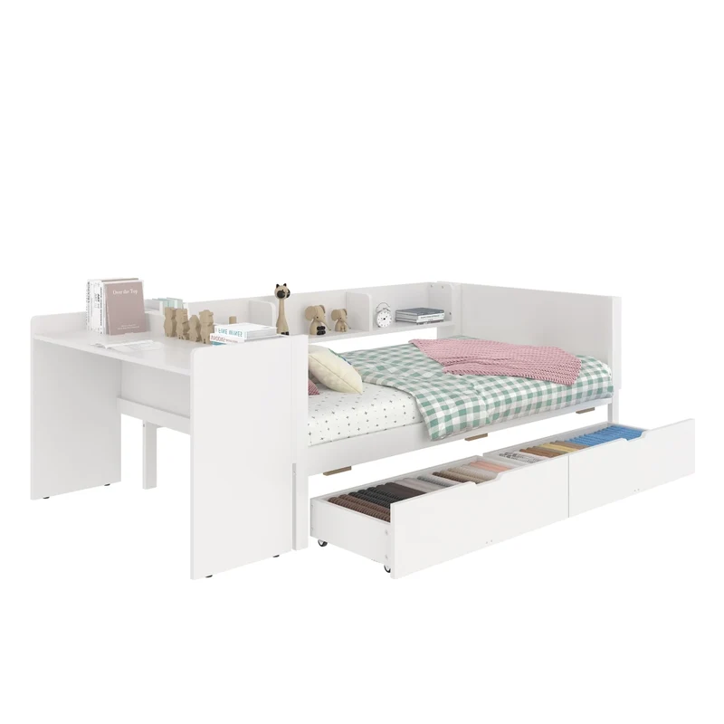 Letto singolo 90x200 cm con scrivania integrata; 2 cassetti e scaffali; bianco