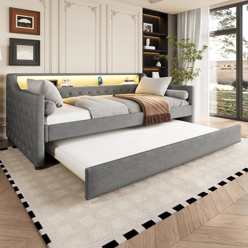 Divano letto singolo 90x200 cm con rete a doghe; letto estraibile; LED e USB; lino grigio