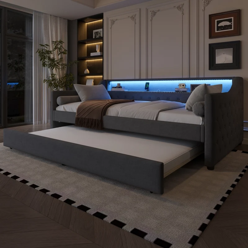 Divano letto singolo 90x200 cm con rete a doghe; letto estraibile; LED e USB; lino grigio