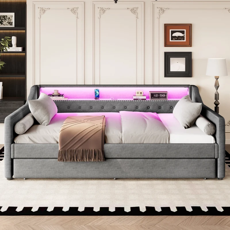 Divano letto singolo 90x200 cm con rete a doghe; letto estraibile; LED e USB; lino grigio